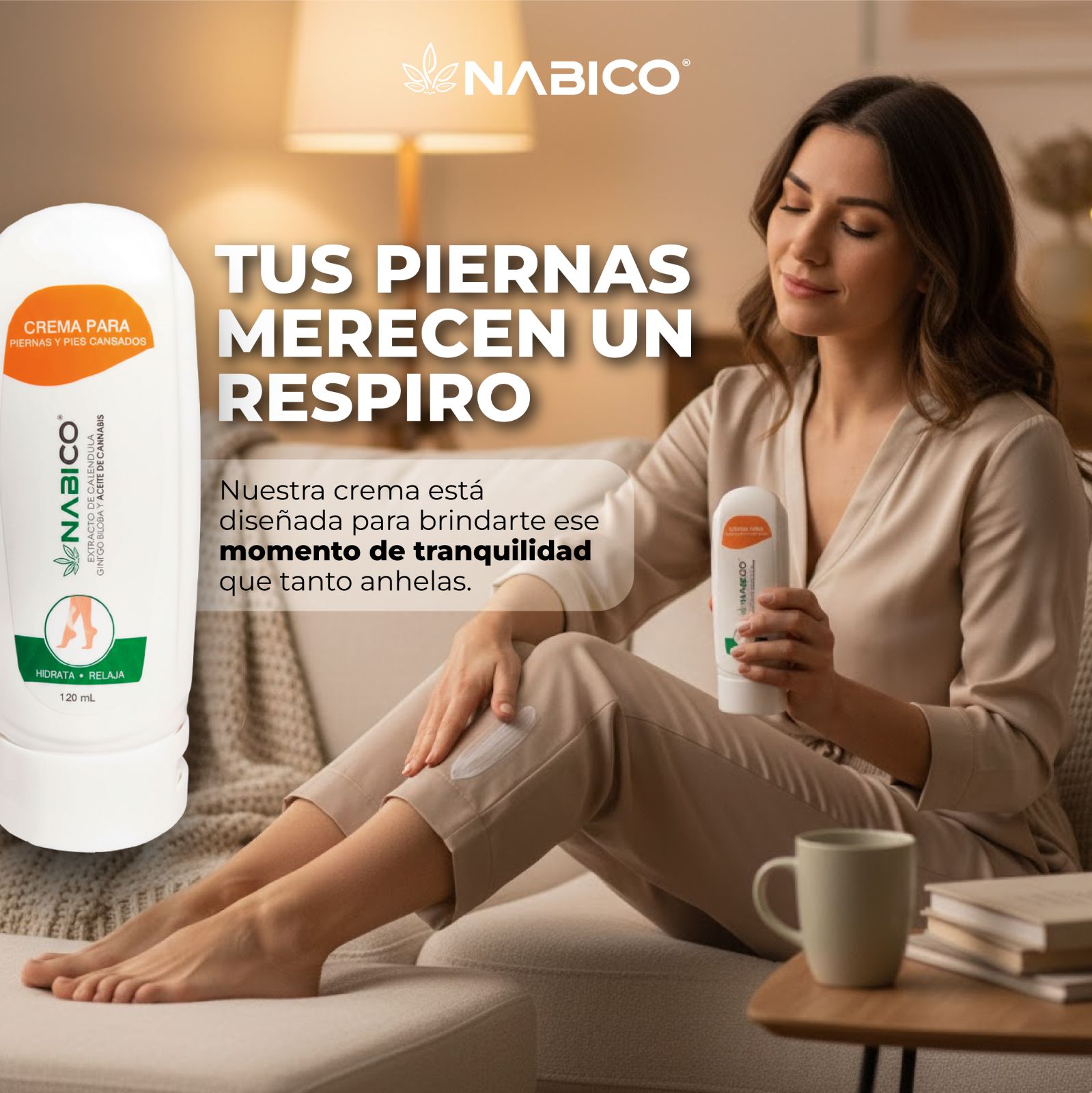 Mujer aplicando Crema Nabico en las piernas — Tus piernas merecen un respiro